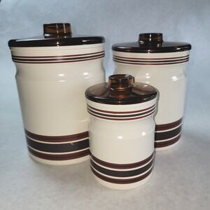 Vintage Kromex 3 Piece Canister Set Cream Brown Striped Amber Lids Made in USA